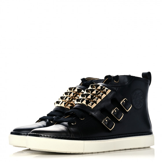 エルメス HERMES Calfskin Studded Lennox High Top Sneakers 39.5 Black
