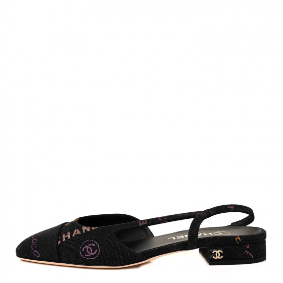 CHANEL Denim Cap Toe Denim Mood Slingback Flats 39 Black
