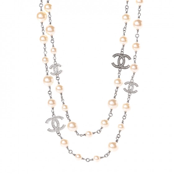 CHANEL Crystal Pearl CC Long Necklace Silver 336640 | FASHIONPHILE