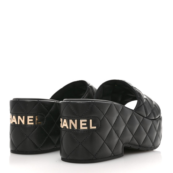 【上品♪】CHANEL 25C モカシン CHANEL Lambskin Quilted CC Mules Wedge Sandals 39 Black