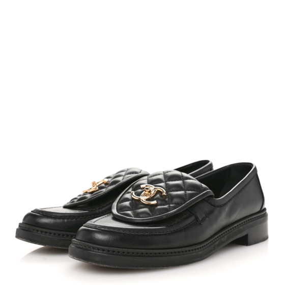 CHANEL Lambskin Quilted CC Turnlock Loafers 38.5 Black