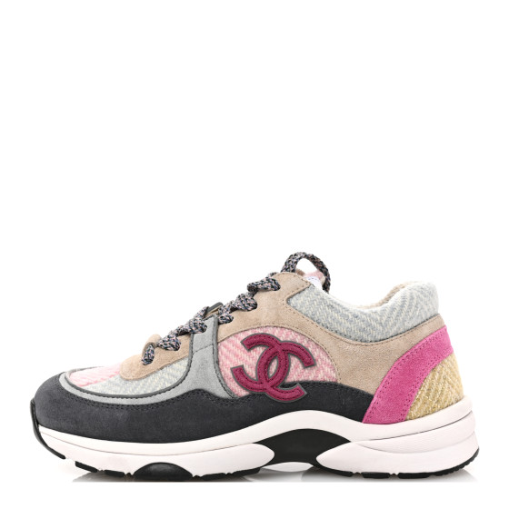 CHANEL Fabric Suede Calfskin CC Sneakers 36 Pink Beige