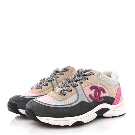 CHANEL Fabric Suede Calfskin CC Sneakers 36 Pink Beige
