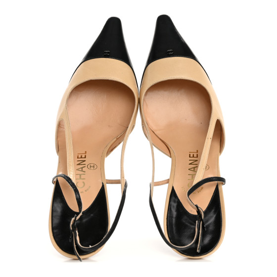 CHANEL ベージュ・黒 ミュール 35 Chanel Cap Toe Slingback Goatskin Leather Grosgrain Heels