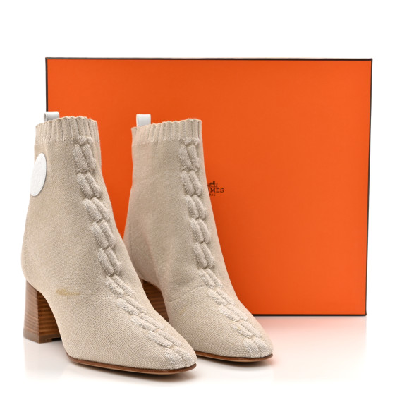 HERMES Knit Calfskin Volver 60 Ankle Boots 38.5 Nocciola