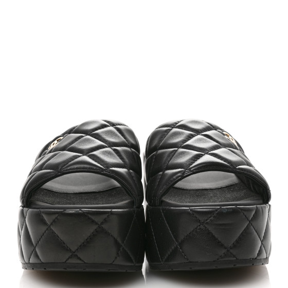 CHANEL Lambskin Quilted CC Mules Wedge Sandals 39 Black
