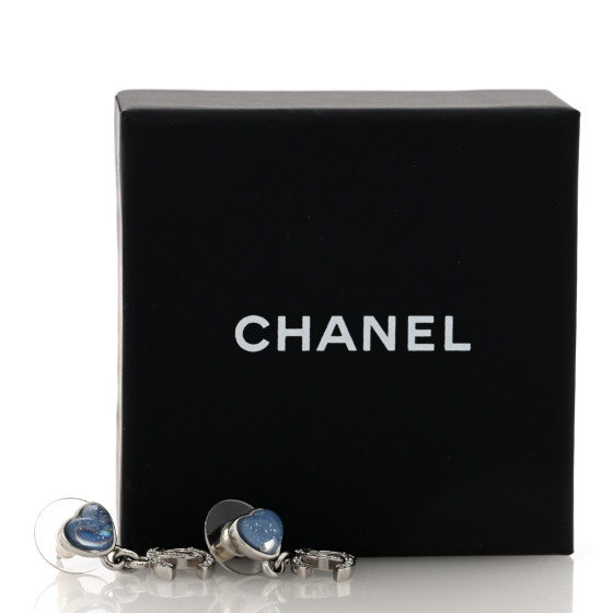 CHANEL Crystal Resin CC Heart Drop Earrings Silver Blue