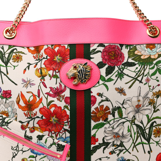 GUCCI★素敵！RAJAH Pink FLORAL Canvas Tote Bag with Pouch Gucci Pink/Multicolor Floral Canvas/Leather Maxi Rajah Tote
