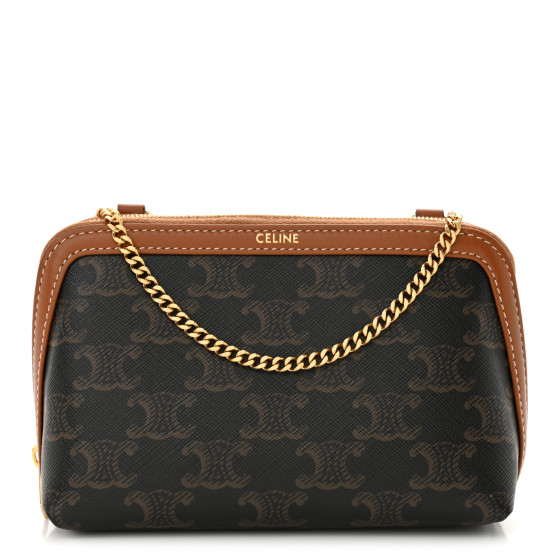 CELINE Triomphe Canvas Calfskin Mini Clutch on Chain Tan