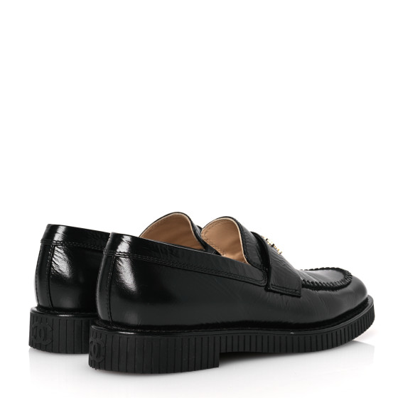 CHANEL Shiny Crumpled Calfskin CC Mocassin Loafers 39 Black