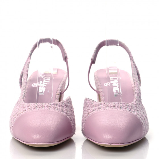 CHANEL Tweed Lambskin Cap Toe CC Slingback Pumps 38 Pink