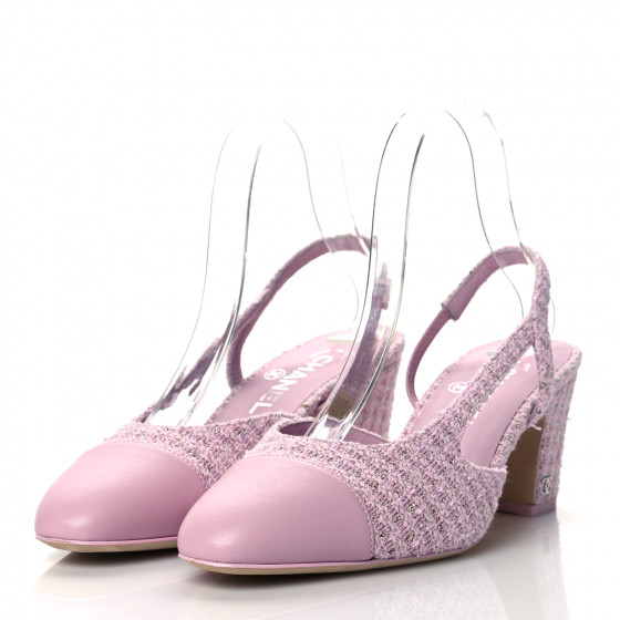 くる CHANEL Tweed Lambskin Cap Toe CC Slingback Pumps 38 Pink
