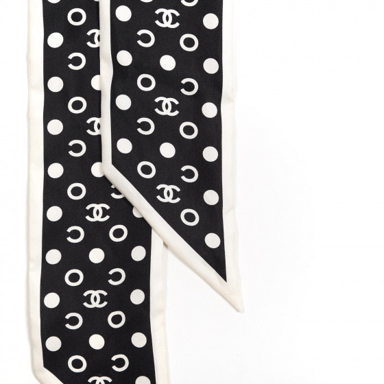 【CHANEL】Hairband Silk Twill White Black CHANEL Silk Twill Hair Tie Ivory Black | FASHIONPHILE