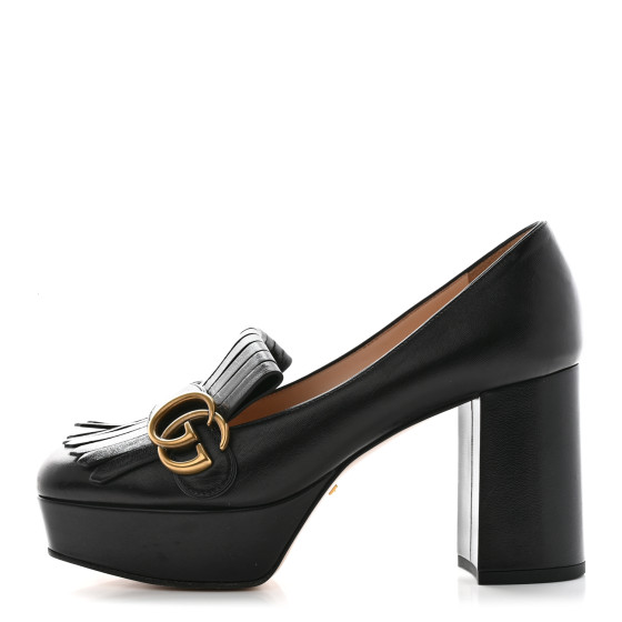 美品 GUCCI マーモント フリンジ パンプス 黒 37 GUCCI Malaga Kid GG Marmont Fringe Platform Loafer Pumps