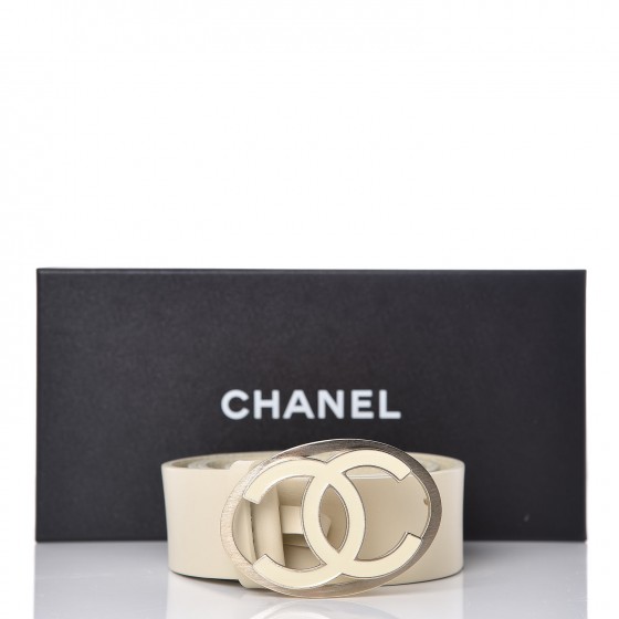 CHANEL Calfskin Enamel CC Logo Belt 95 38 Light Beige 345285