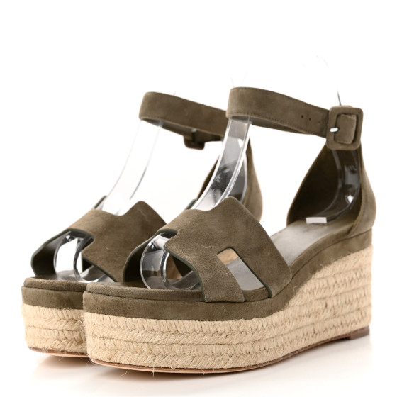 【大人グリーンで魅せる】HERMES Espadrillas HERMES Suede Goatskin Elda Espadrille Wedge Sandals 37 Vert