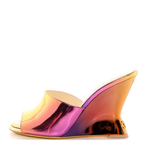 CHANEL Laminated Calfskin Wedge Mules 39.5 Pink Orange Yellow