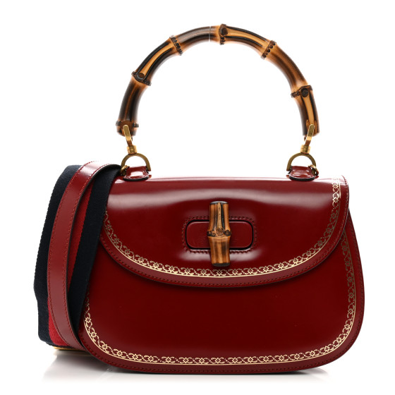 GUCCI Calfskin Frame Print Bamboo 1947 Top Handle Bag Red Gold