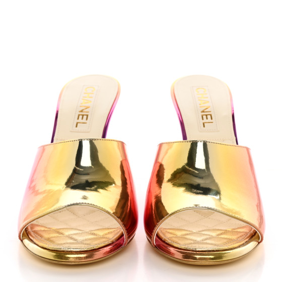 CHANEL Laminated Calfskin Wedge Mules 39.5 Pink Orange Yellow