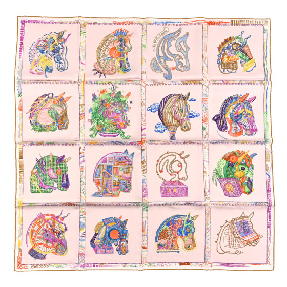 エルメス カレ90 Chevaloscope Rose/Bleu/Multicolore HERMES Silk Chevaloscope Scarf 90 Rose Nacre Vert Multicolor