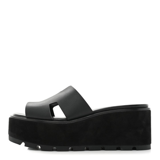 HERMES Calfskin Suede Eze 30 Sandals 37 Black 1333266