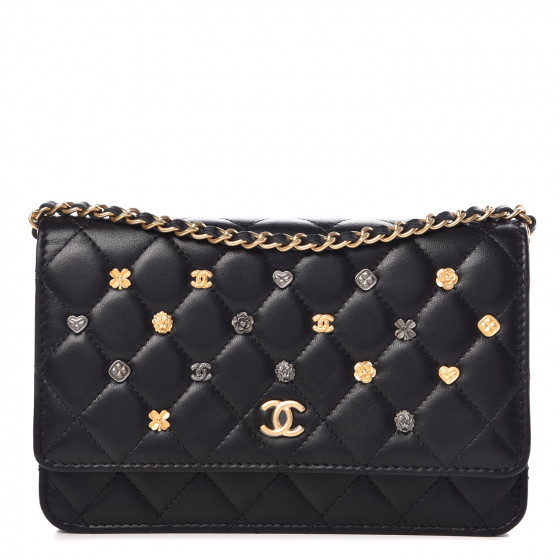 AAKAM ■ Studded Chain Wallet CHANEL Lambskin Quilted Studded Wallet On Chain WOC Black
