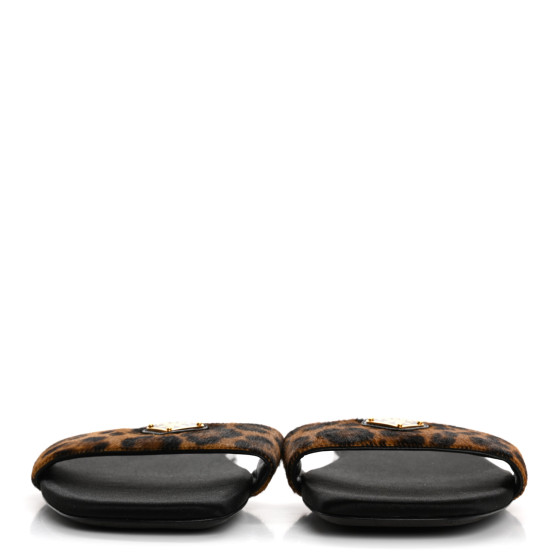 PRADA Calf Hair Leopard Print Metal Triangle Logo Flat Slide