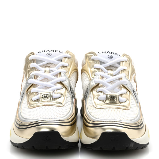 CHANEL Fabric Laminated Calfskin Stretch CC Sneakers 38