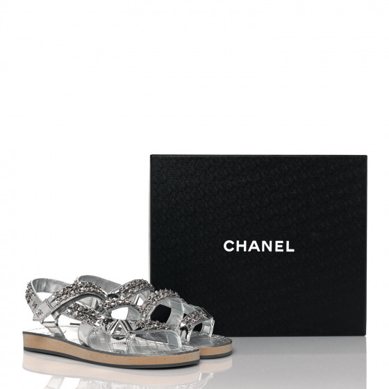 CHANEL Metallic Laminated Goatskin Chain Flat Sandals 39