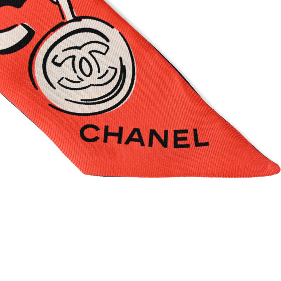 CHANEL Silk Lucky Symbols Slim Bandeau Scarf Blue Orange