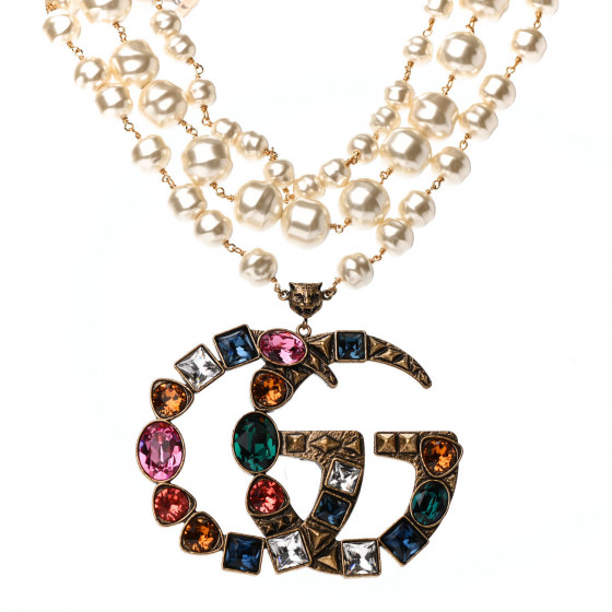 GUCCI Crystal Pearl Marmont Necklace Aged Gold Multicolor