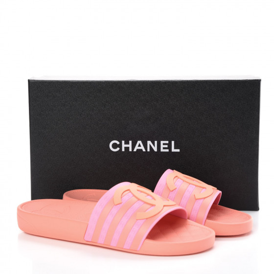 CHANEL Rubber CC Flat Slide Sandals 41 Orange Pink 381165