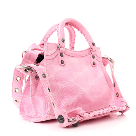 BALENCIAGA Denim BB Monogram Neo Cagole Handbag XS Pink