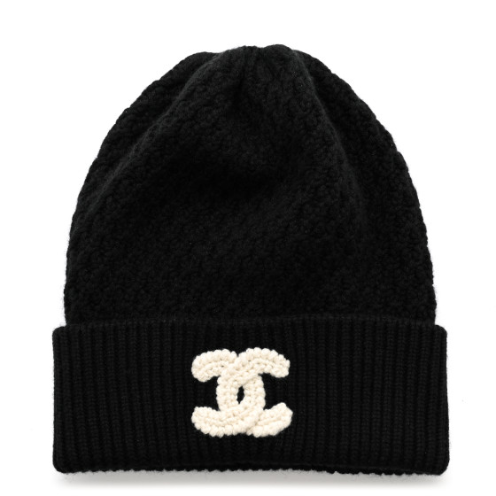 CHANEL Wool Cashmere CC Beanie Hat Black White 1627560