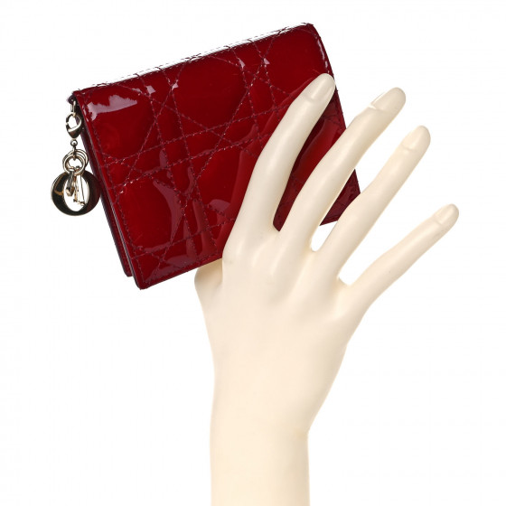 CHRISTIAN DIOR Patent Cannage Mini Lady Dior Wallet Red