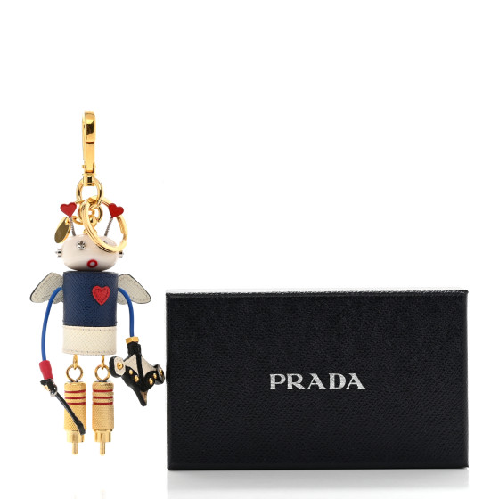 PRADA Saffiano Cupid Robot Trick Keychain Bright Blue White