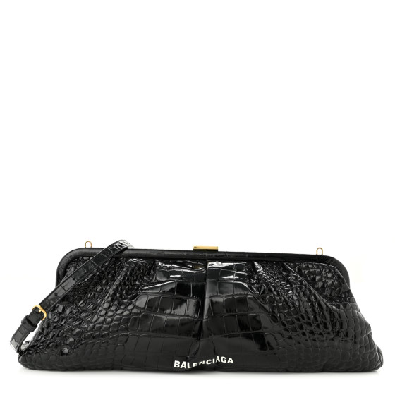 BALENCIAGA Shiny Supple Calfskin Logo Crocodile Embossed XL