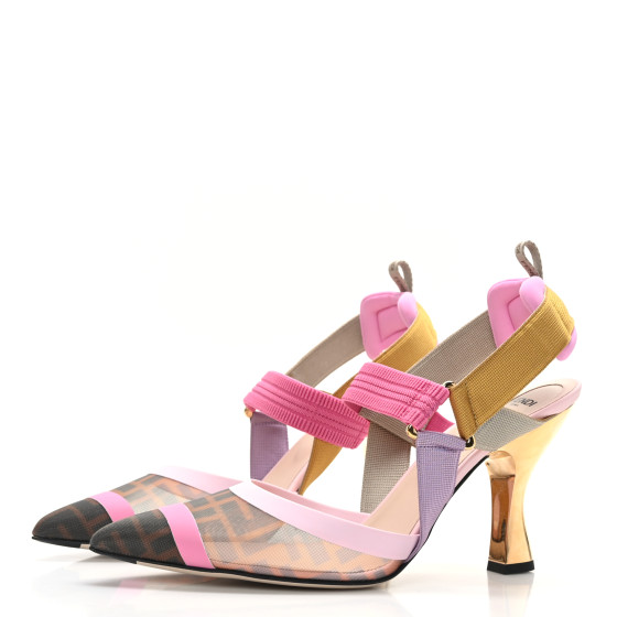FENDI Mesh Vitello FF Colibri 85mm Slingback Pumps 41 Brown