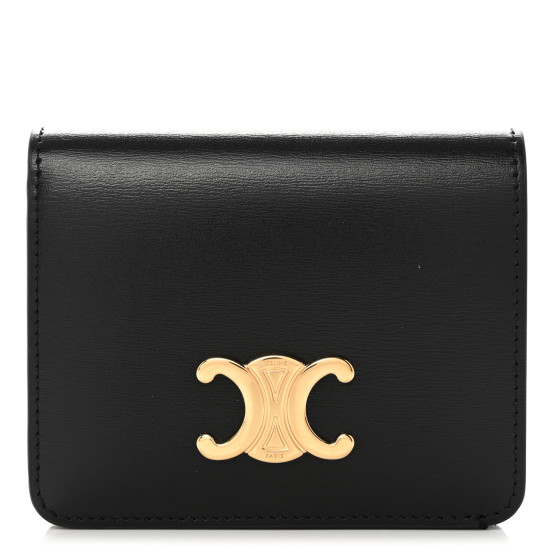 折りたたみ財布 CELINE COMPACT WALLET TRIOMPHE SHINY CALFSKIN BLACK NWT Authentic Celine Triumph Compact Wallet Shiny Calfskin