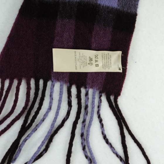 BURBERRY Cashmere Giant Check Fringe Skinny Scarf Plum