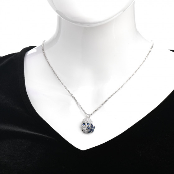 GUCCI 18K White Gold Diamond Blue Sapphire Skull Pendant