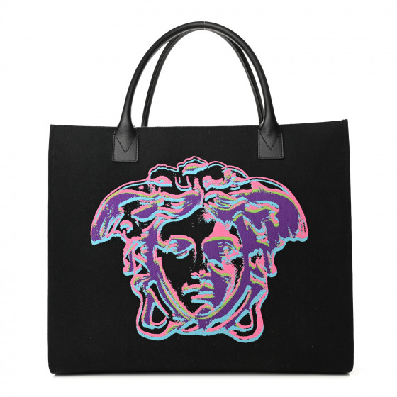 VERSACE Canvas Calfskin Large Medusa Pop Cabas Tote Black