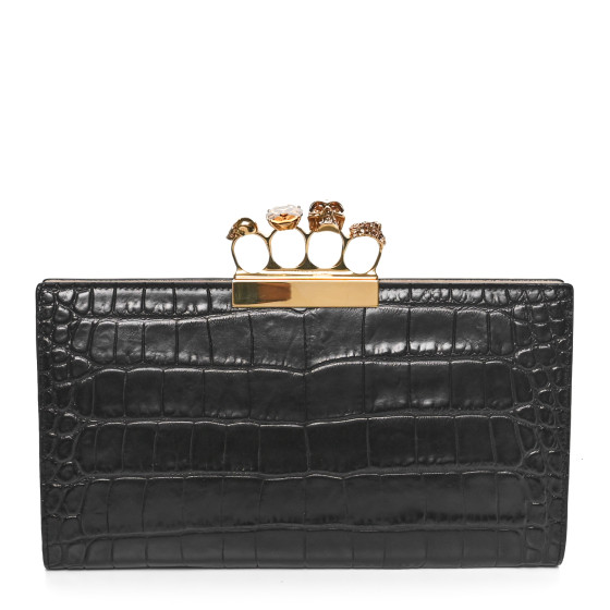 ALEXANDER MCQUEEN Calfskin Crocodile Embossed Knuckle Flat Clutch Black Gold