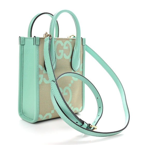 【GUCCI 】Jumbo GG Logo Mini Tote Bag BEIGE MINT GUCCI Monogram Jumbo GG Textured Dollar Calfskin Mini Tote