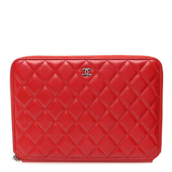 CHANEL Lambskin Quilted Travel Case Red