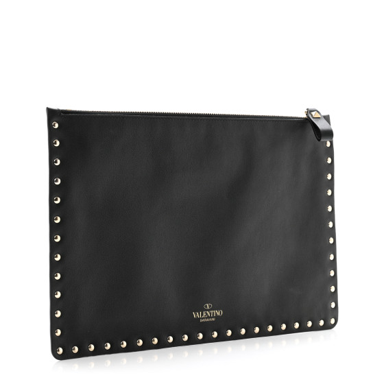 VALENTINO GARAVANI Vitello Large Rockstud Zip Pouch Black