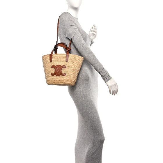 CELINE Raffia Calfskin Triomphe Teen Panier Tan 1549618
