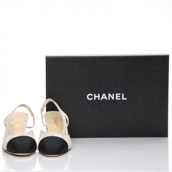 ♡CHANEL♡クロシェット ミュール CHANEL Lace Grosgrain Cap Toe CC Slingback Pumps 38.5 White