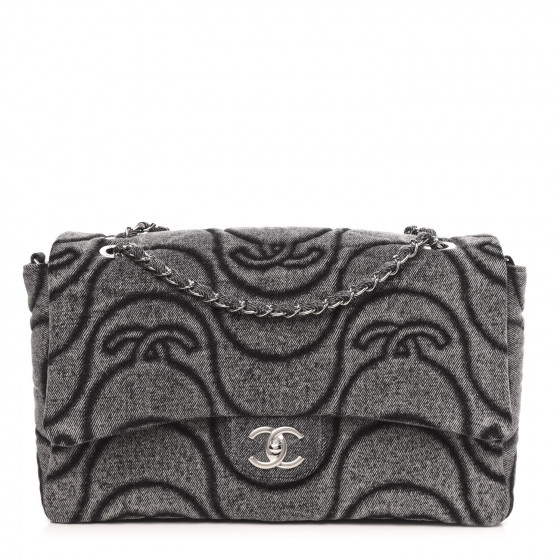 CHANEL Denim Embossed CC Logo Print Jumbo Single Flap Grey