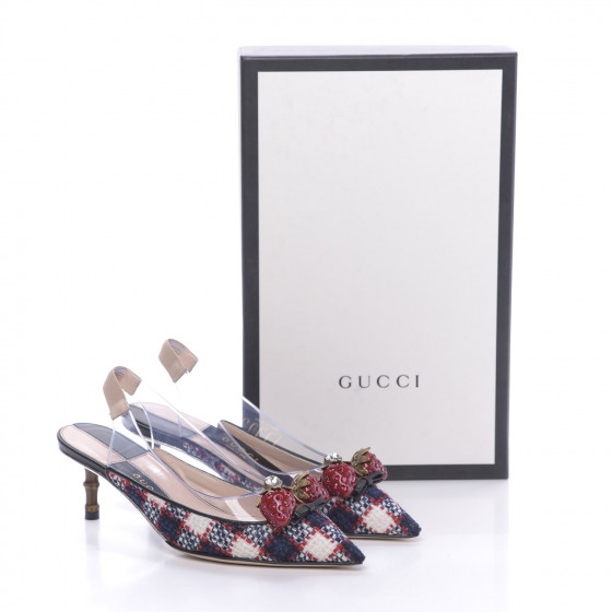 リルピヨ GUCCI Tweed PVC Bamboo Strawberry Eleonor Low Heel Slingback